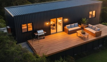 Exterior of Tiny home at dusk