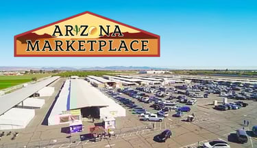 Aerial view of the Arizona Marketplace outdoor flea market and shopping center parking lot in Yuma.
