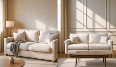Side-by-side view of a relaxed custom couch and a structured sofa, showing design and mood differences.