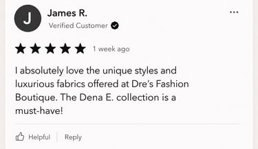 A 5-star customer review for Dre's Fashion Boutique praising the unique styles and Dena E. collection.