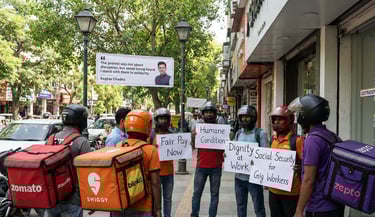 Gig workers today staged a symbolic protest at Old Rajinder Nagar area of India capital New Delhi. 