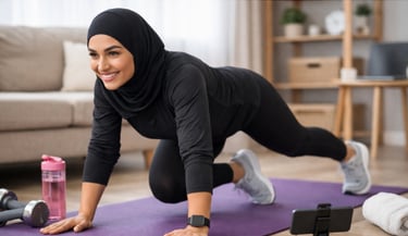 Une femme, vêtue d'un hijab noir et d'une tenue de sport, fait des exercices de fitness en ligne