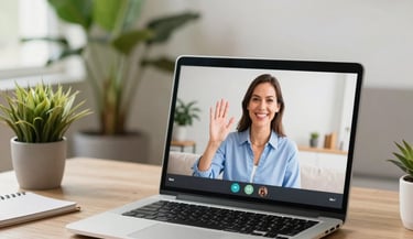 Vivid lifestyle photo of a modern workspace in Santiago, showing a laptop screen with a friendly online therapist waving, with bright soft lighting and colorful green plants.