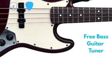 Close-up of a free bass guitar tuner showing a plectrum on the strings of a classic electric bass.