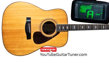 Acoustic guitar body next to a online digital tuner