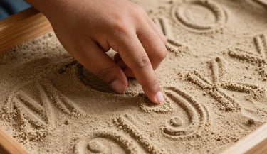 A detailed close-up of a wooden tray with sand where a South Asian / Indian child's finger is gently tracing letters, representing tactile multisensory phonics instruction, photography.