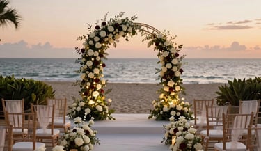An outdoor romantic wedding ceremony walkway during sunset in a Gulf beachfront luxury resort, majestic floral arch with white and burgundy roses, elegant wooden chairs, glowing fairy lights, premium romantic atmosphere.