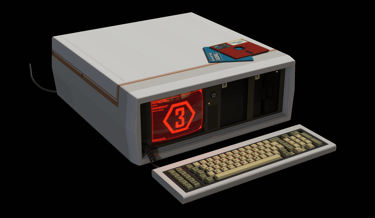 3D rendering of an old portable computer monitor and keyboard positioned on a desk.