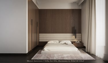 Bedroom with a light beige bed, a fluted wood accent wall, and a rug.