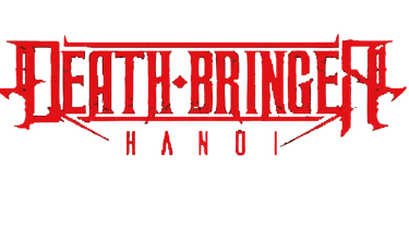 Ilustración tipográfica "Death‑Bringer Hanoi" en rojo sobre fondo negro y tela roja, con manos engua