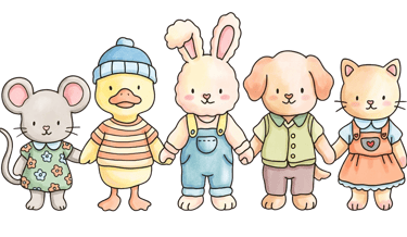 Cute watercolor illustration of a mouse, duck, bunny, puppy, and kitten holding hands.