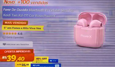 Pink Kaidi KD-771 wireless Bluetooth earbuds and charging case with PowerX branding on sale.