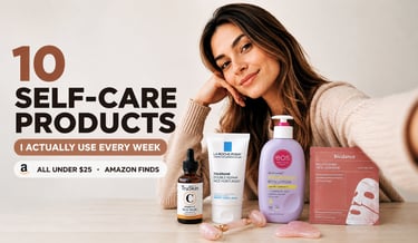 Ten self care products for women arranged on a marble surface including serums, toner and face tools.
