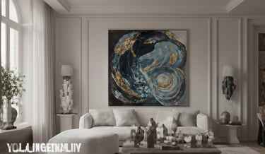 Modern interior featuring a large blue abstract painting over a sofa.