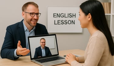 English teacher working with a student on a laptop, practising real-life English skills
