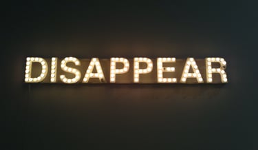 Illuminated marquee light sign spelling out DISAPPEAR in vintage bulbs against a dark wall.