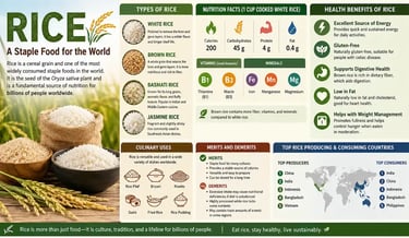 Rice grains in bowls with rice plants showing nutrition facts