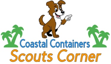 Logo for Scout's Corner from Coastal Containers, featuring the mascot Scout pointing