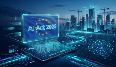 drapeau UE "AI Act 2026" et modèle BIM sur tablette dans une ville connectée.
