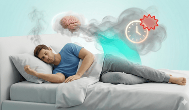 3D conceptual medical illustration showing how poor sleep and stress worsen metabolic brain fog.