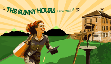 Vintage style poster for The Sunny Hours musical featuring a happy graduate running by Seattle College.