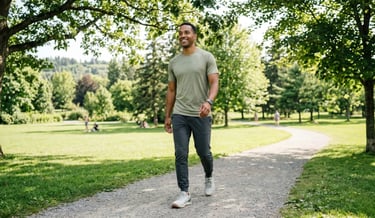 Adult walking outdoors in a park representing daily physical activity that helps improve metabolism and burn calories