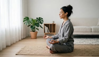 Adult practicing meditation at home to reduce stress and support hormonal balance and metabolism