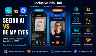 Seeing AI vs Be My Eyes 2025 comparison featured image showing AI scanning and live volunteer video call features side by sid