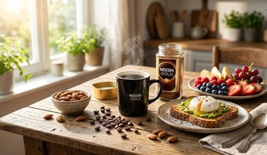 Cup of Nescafé Gold coffee beside coffee beans and healthy breakfast on a wooden table