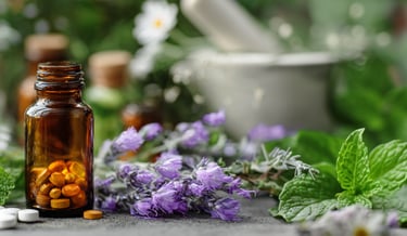 Flasche mit Medikemanten, alternative Heilmethoden, Homöopathie und Kräuter