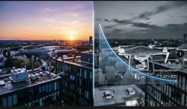 Side-by-side comparison of a thermal imaging drone flying over a city at sunset showing thermal equilibrium data.