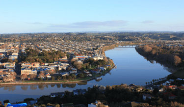 From atop the Durie Hill War Memorial Tower, a view early morning of the Whanganui River, to the northwest, and Dublin Street