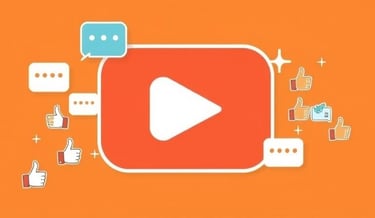 Picture a play button icon with little speech bubbles and thumbs-up symbols surrounding it.