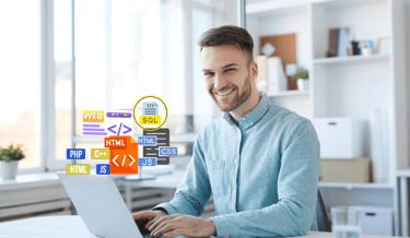 a man sitting at a table with a laptop and with web design icons 