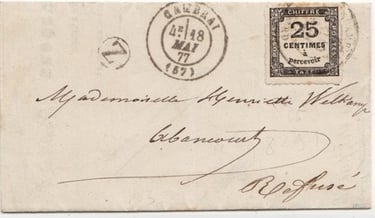 1877: Brief mit Nachporto von CAMBRAI in die Gemeinde ABANCOURT, mit einer Taxe von 25 c belegt