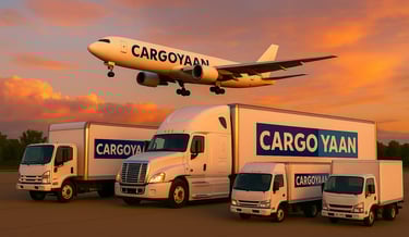 CargoYaan logistics fleet including a branded cargo airplane and three delivery trucks at sunset.