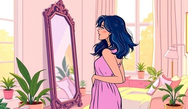 a woman in a pink dress standing in front of a mirror