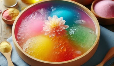 various colored jellies in wood bowl, different powders surrounding the bowl