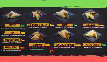 Assorted samosa flavors, from classic to spicy, served fresh at Samosa Bar.