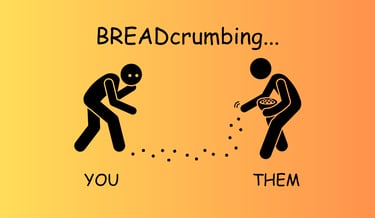 Illustration of breadcrumbing in dating showing one figure dropping crumbs for another to follow.