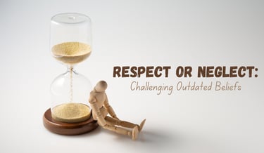 Wooden mannequin leaning on an hourglass with text about challenging outdated beliefs.