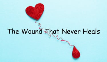 Red yarn heart and blood droplet on blue background with the text The Wound That Never Heals.