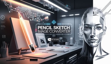 Modern AI-powered pencil sketch converter with glowing pencil and digital art workspace, ideal for creative designers and art
