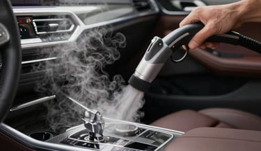 Luksusowy detailing wnętrza samochodu i bezpieczna dezynfekcja tapicerki za pomocą pary z maszyny EV Poseidon.