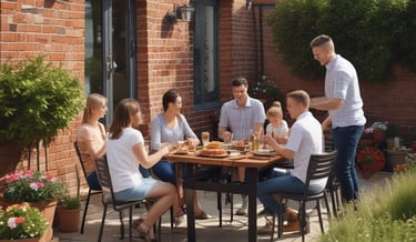 A beautifully designed patio with comfortable seating and decorative plants.