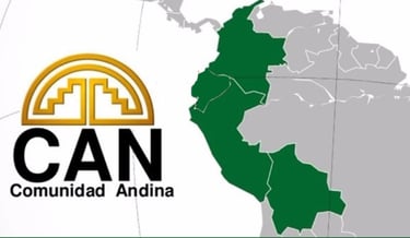 Comunidad Andina logo and map showing South American member nations in green.