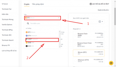 Chọn loại tiền USDT BEP20 để gửi từ Binance