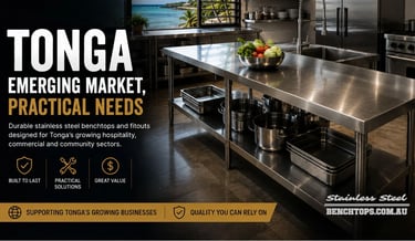 Heavy-duty kitchen island setup featuring stainless steel Benches Tonga.