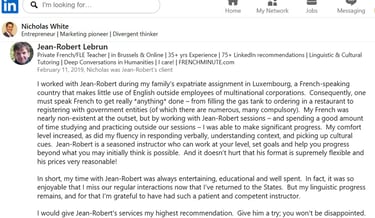 N. White's LinkedIn testimonial for J.-R. Lebrun French teacher BXL, av. Couronne, 370 - bus line 95