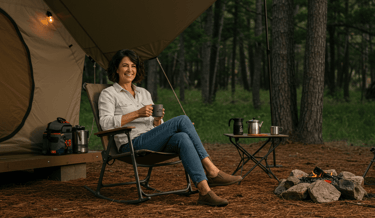 camper enjoying a rocking chair while rocking at a luxury campsite